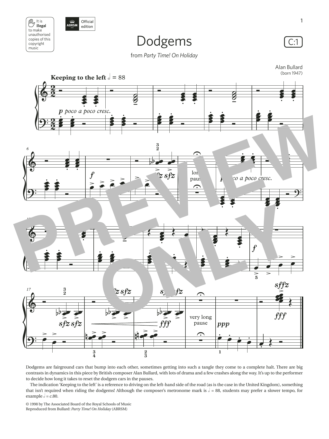 Download Alan Bullard Dodgems (Grade Initial, list C1, from the ABRSM Piano Syllabus 2021 & 2022) Sheet Music and learn how to play Piano Solo PDF digital score in minutes