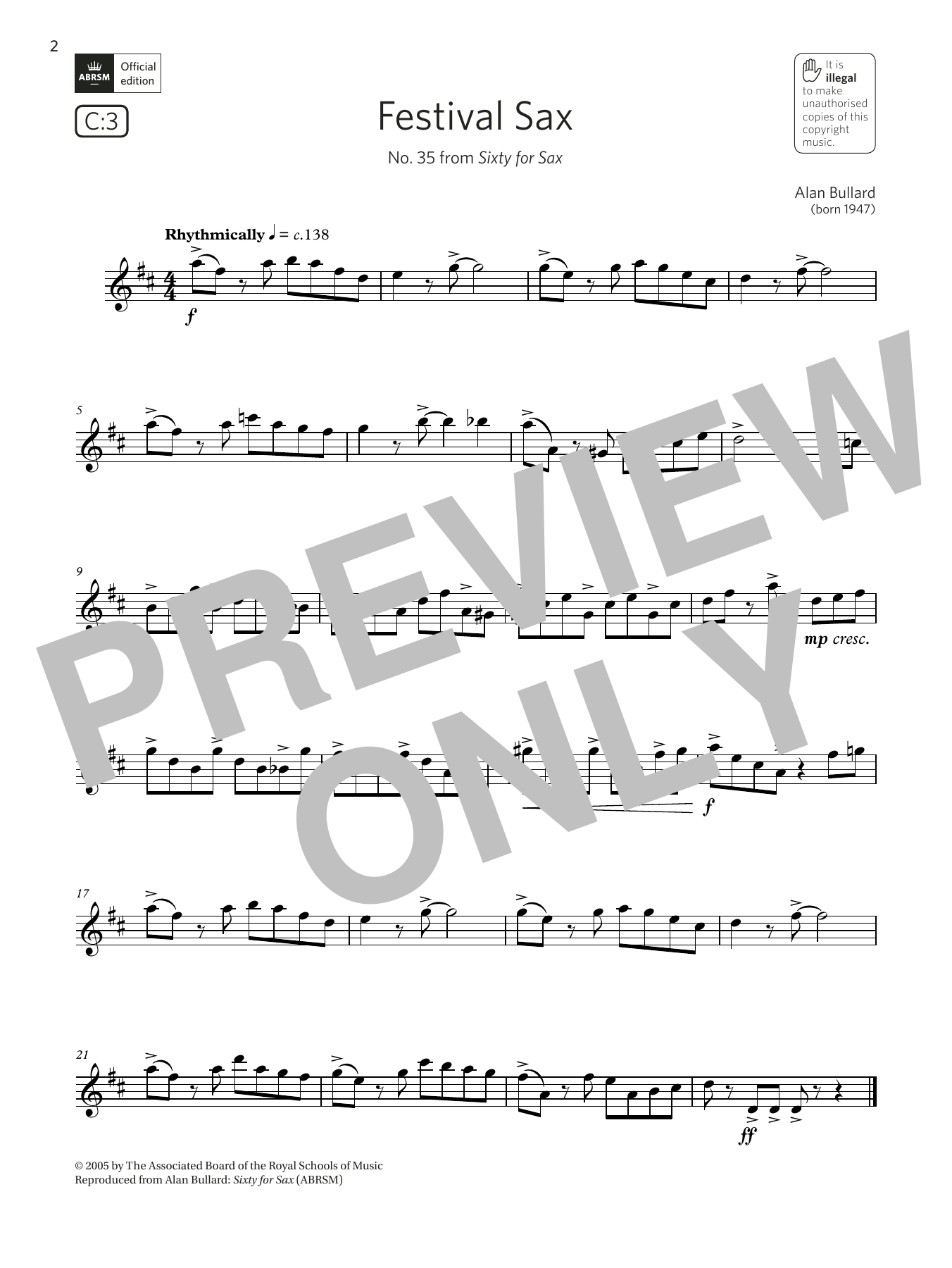 Download Alan Bullard Festival Sax (from Sixty for Sax) (Grade 5 List C3 from the ABRSM Saxophone syll Sheet Music and learn how to play Alto Sax Solo PDF digital score in minutes