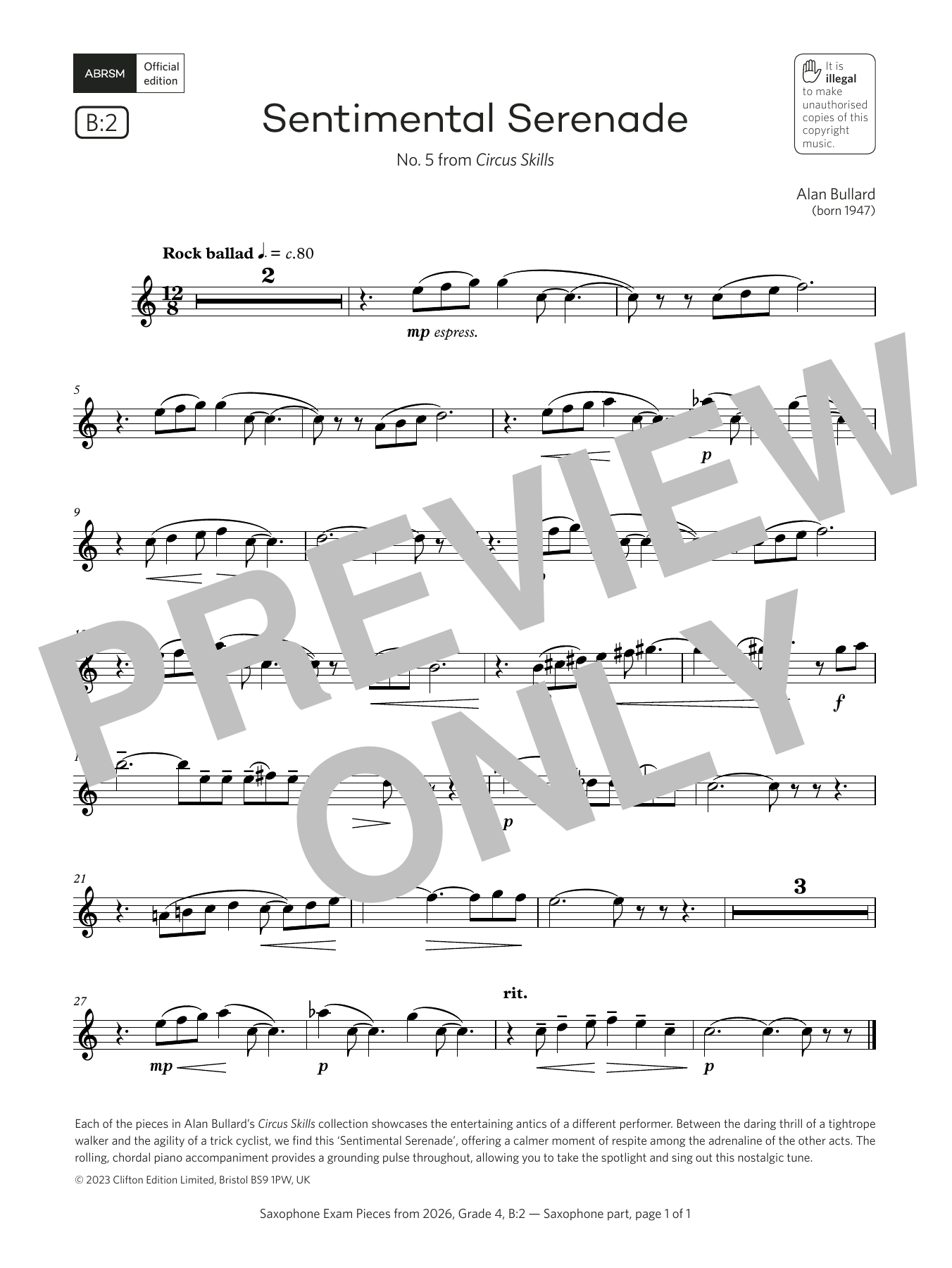 Download Alan Bullard Sentimental Serenade (Grade 4, list B2, from the ABRSM Saxophone Syllabus from 2 Sheet Music and learn how to play Alto Sax Solo PDF digital score in minutes