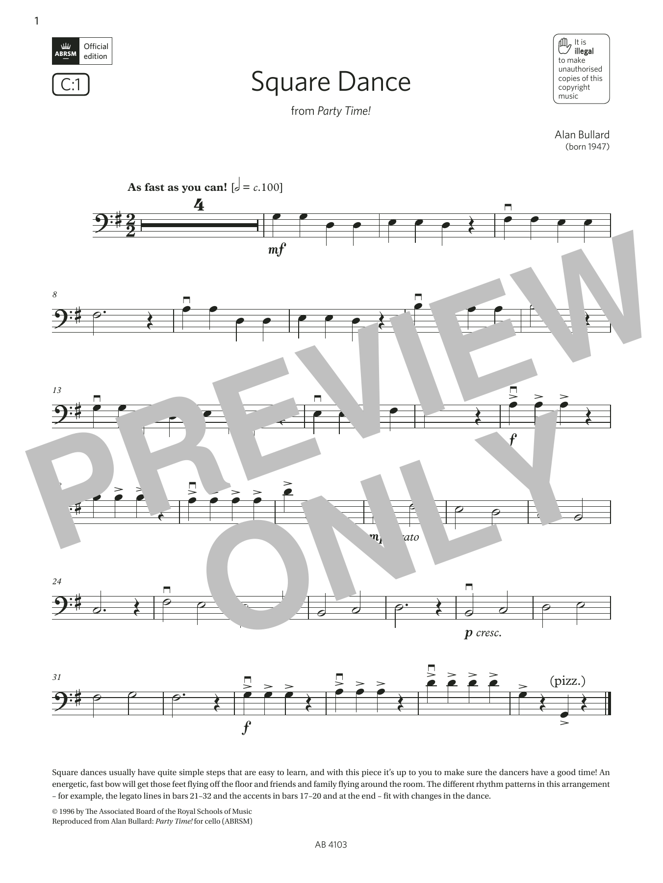 Download Alan Bullard Square Dance (Grade Initial, C1, from the ABRSM Cello Syllabus from 2024) Sheet Music and learn how to play Cello Solo PDF digital score in minutes