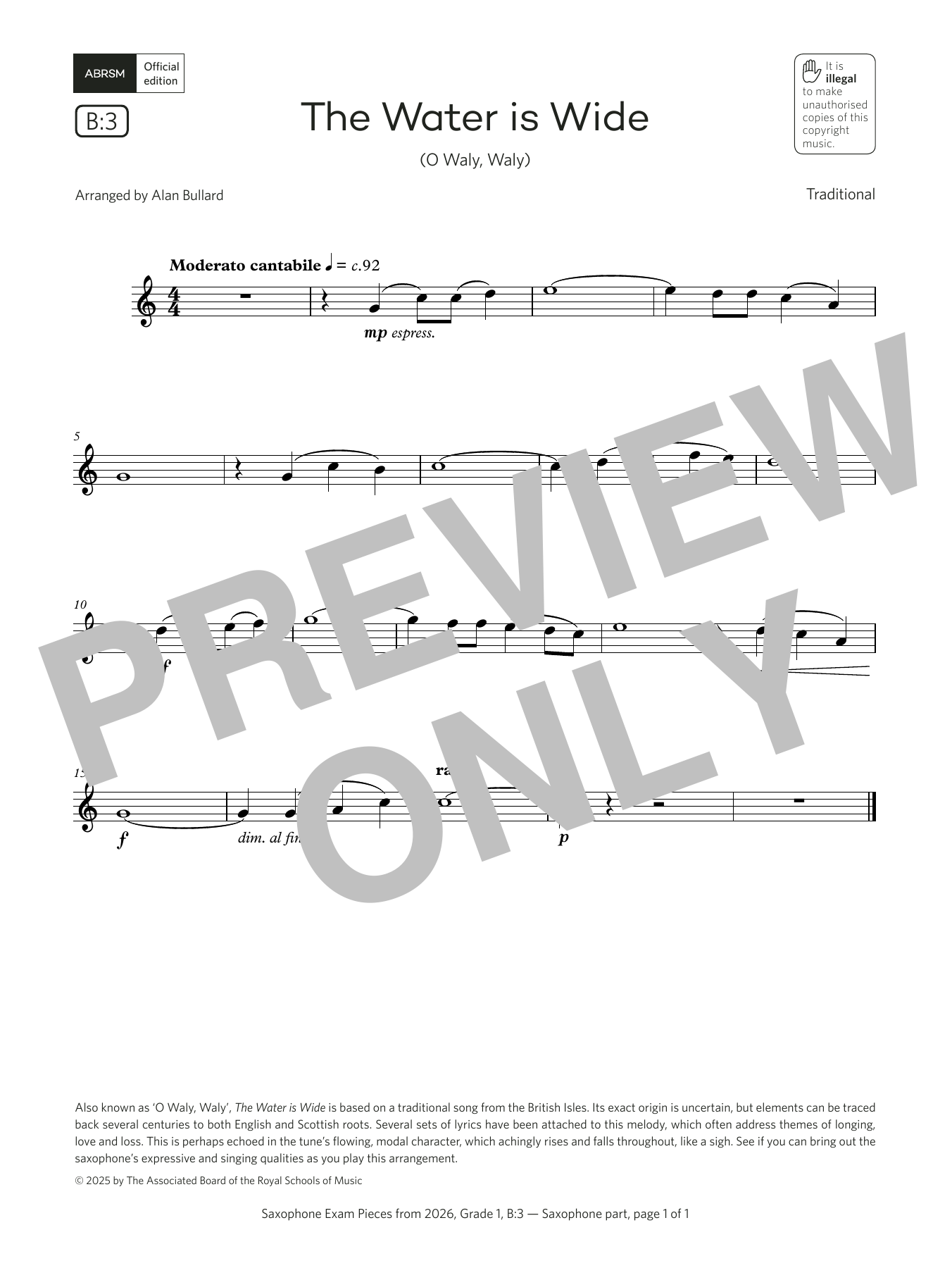 Download Alan Bullard The Water is Wide (Grade 1, list B3, from the ABRSM Saxophone Syllabus from 2026 Sheet Music and learn how to play Alto Sax Solo PDF digital score in minutes
