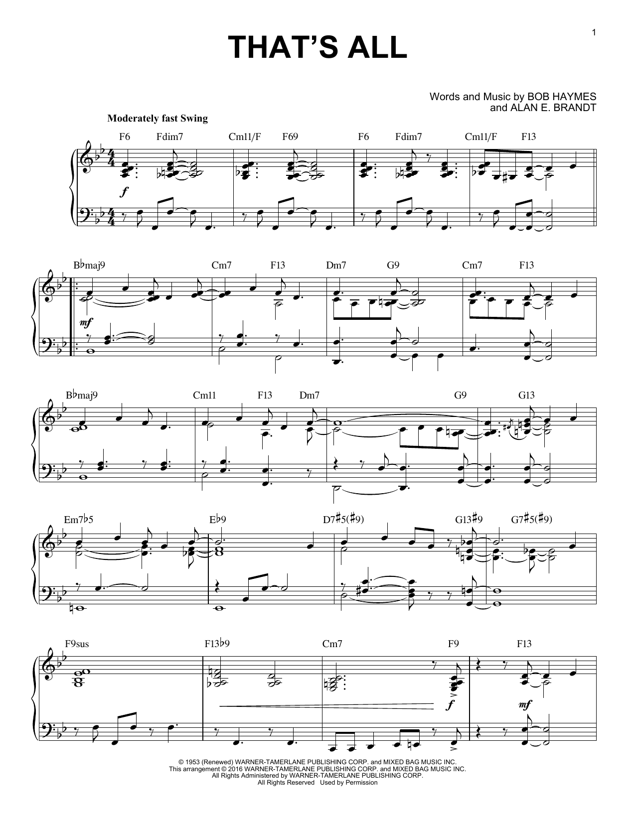 Download Bob Haymes That's All Sheet Music and learn how to play Piano PDF digital score in minutes