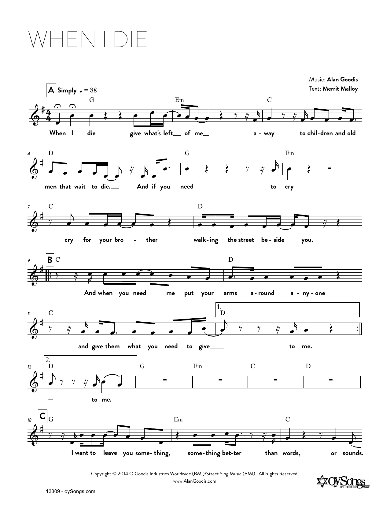 Download Alan Goodis When I Die Sheet Music and learn how to play Real Book – Melody, Lyrics & Chords PDF digital score in minutes
