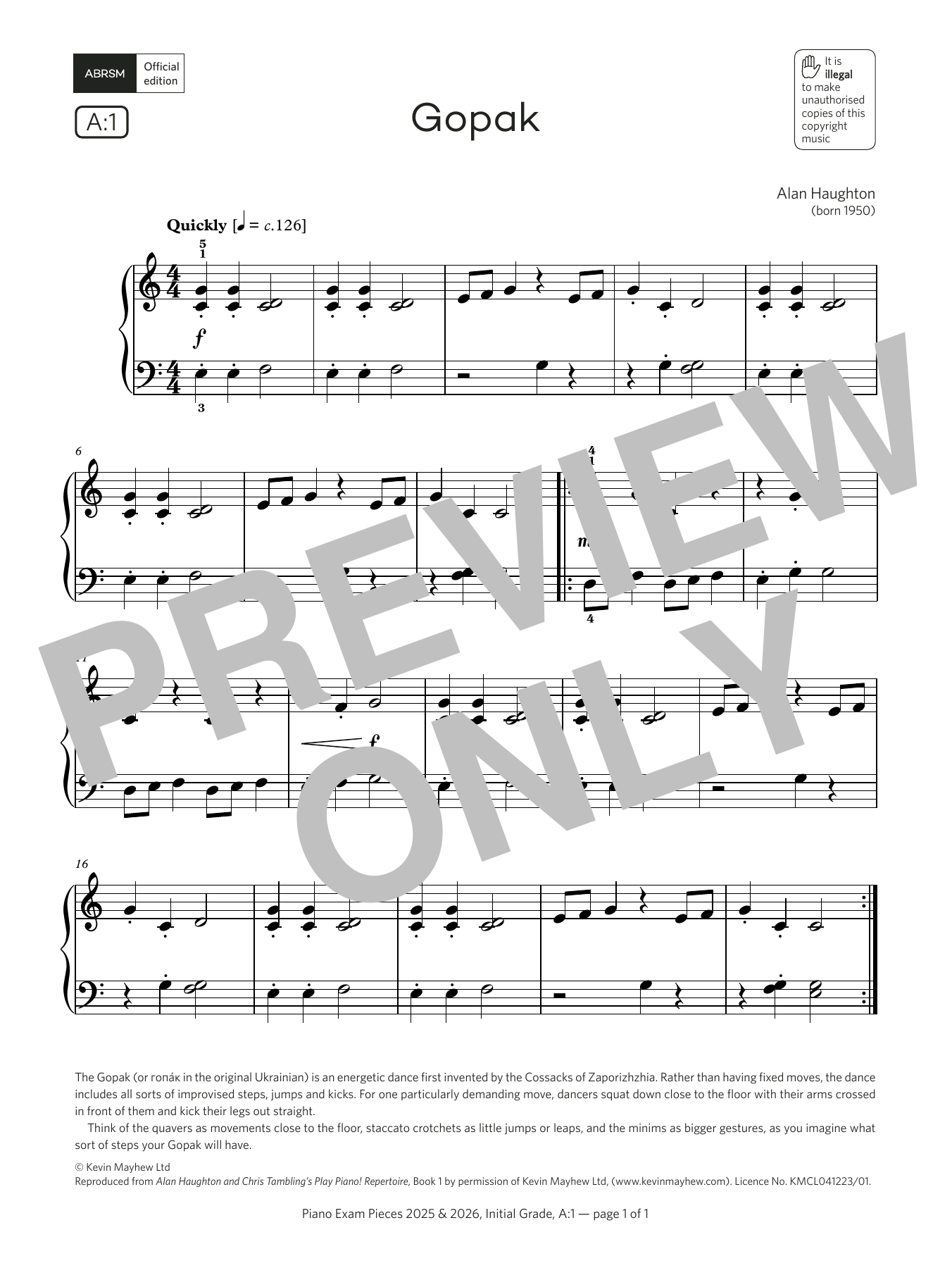 Download Alan Haughton Gopak (Grade Initial, list A1, from the ABRSM Piano Syllabus 2025 & 2026) Sheet Music and learn how to play Piano Solo PDF digital score in minutes