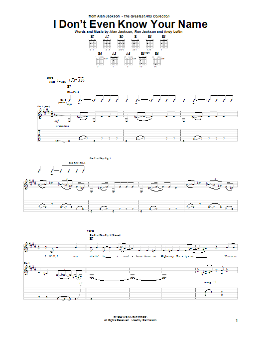 Download Alan Jackson I Don't Even Know Your Name Sheet Music and learn how to play Guitar Tab PDF digital score in minutes