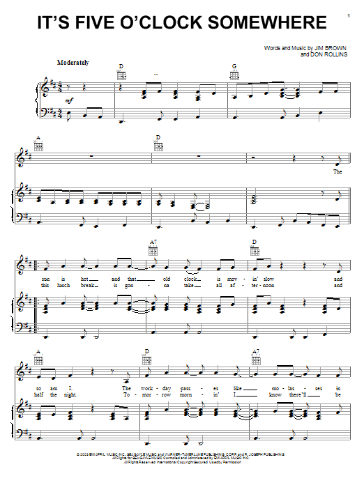 Download Alan Jackson & Jimmy Buffett It's Five O'Clock Somewhere Sheet Music and learn how to play Piano, Vocal & Guitar (Right-Hand Melody) PDF digital score in minutes