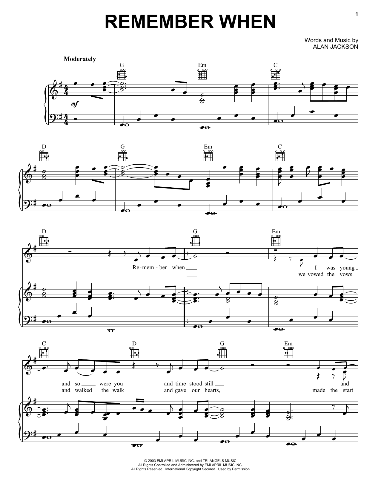 Download Alan Jackson Remember When Sheet Music and learn how to play Very Easy Piano PDF digital score in minutes