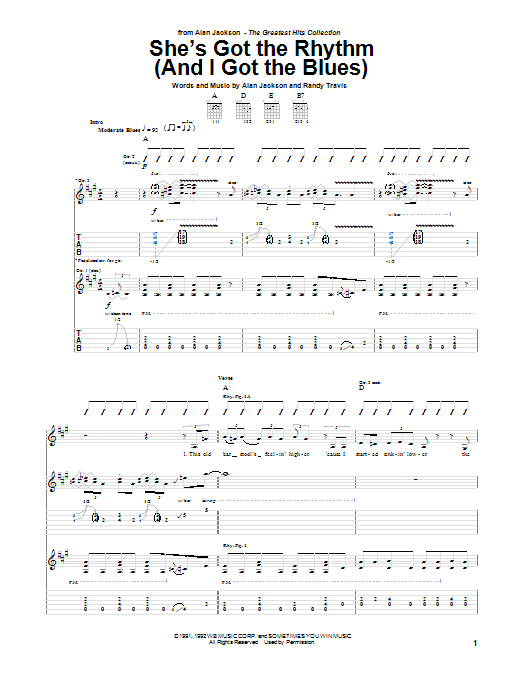 Download Alan Jackson She's Got The Rhythm (And I Got The Blues) Sheet Music and learn how to play Guitar Tab PDF digital score in minutes