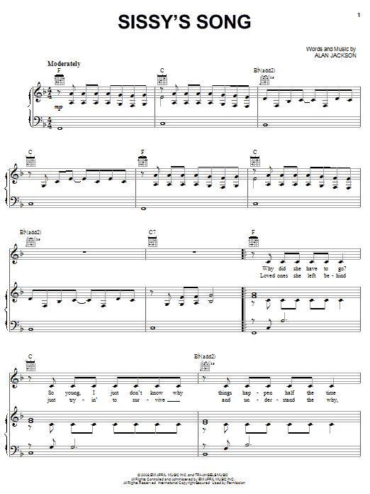 Download Alan Jackson Sissy's Song Sheet Music and learn how to play Piano, Vocal & Guitar (Right-Hand Melody) PDF digital score in minutes