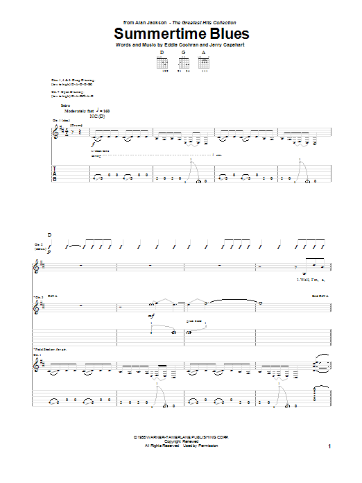 Download Alan Jackson Summertime Blues Sheet Music and learn how to play Guitar Tab PDF digital score in minutes