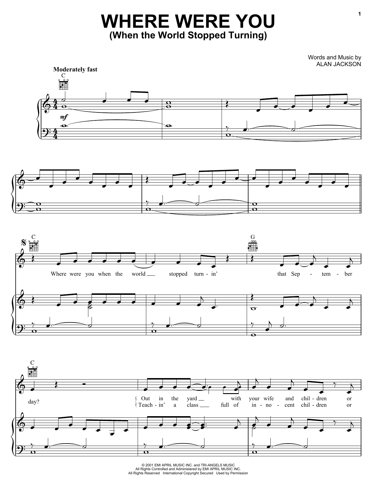 Download Alan Jackson Where Were You (When The World Stopped Turning) Sheet Music and learn how to play Easy Piano PDF digital score in minutes