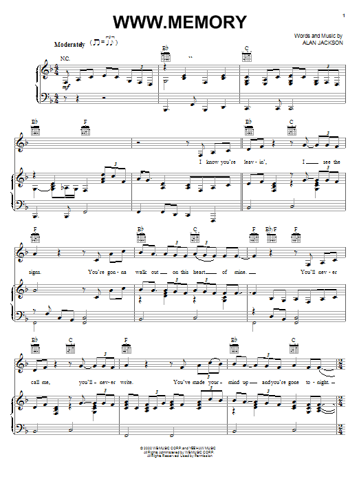 Download Alan Jackson www.memory Sheet Music and learn how to play Piano, Vocal & Guitar (Right-Hand Melody) PDF digital score in minutes