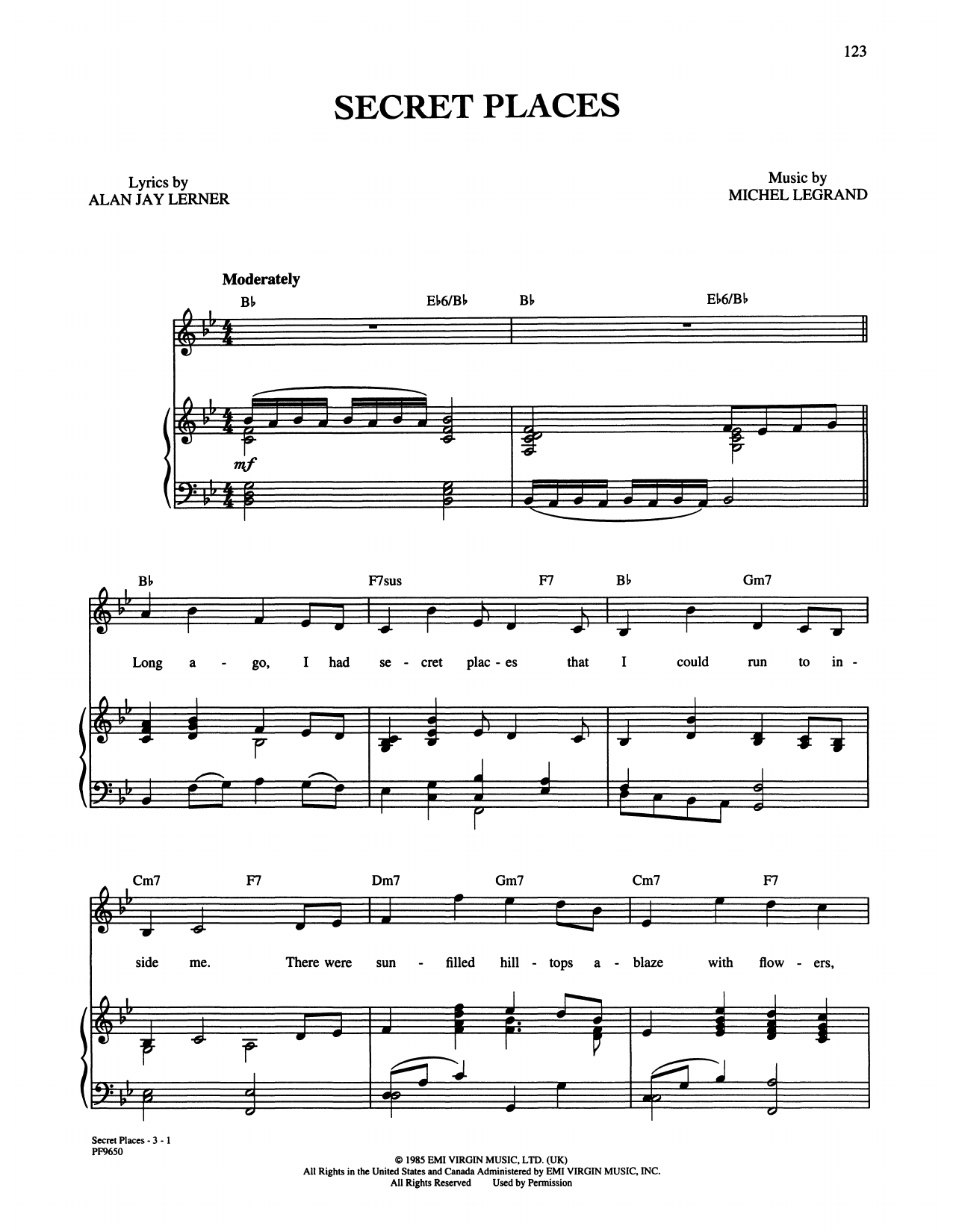 Download Alan Jay Lerner and Michel Legrand Secret Places Sheet Music and learn how to play Piano, Vocal & Guitar Chords (Right-Hand Melody) PDF digital score in minutes