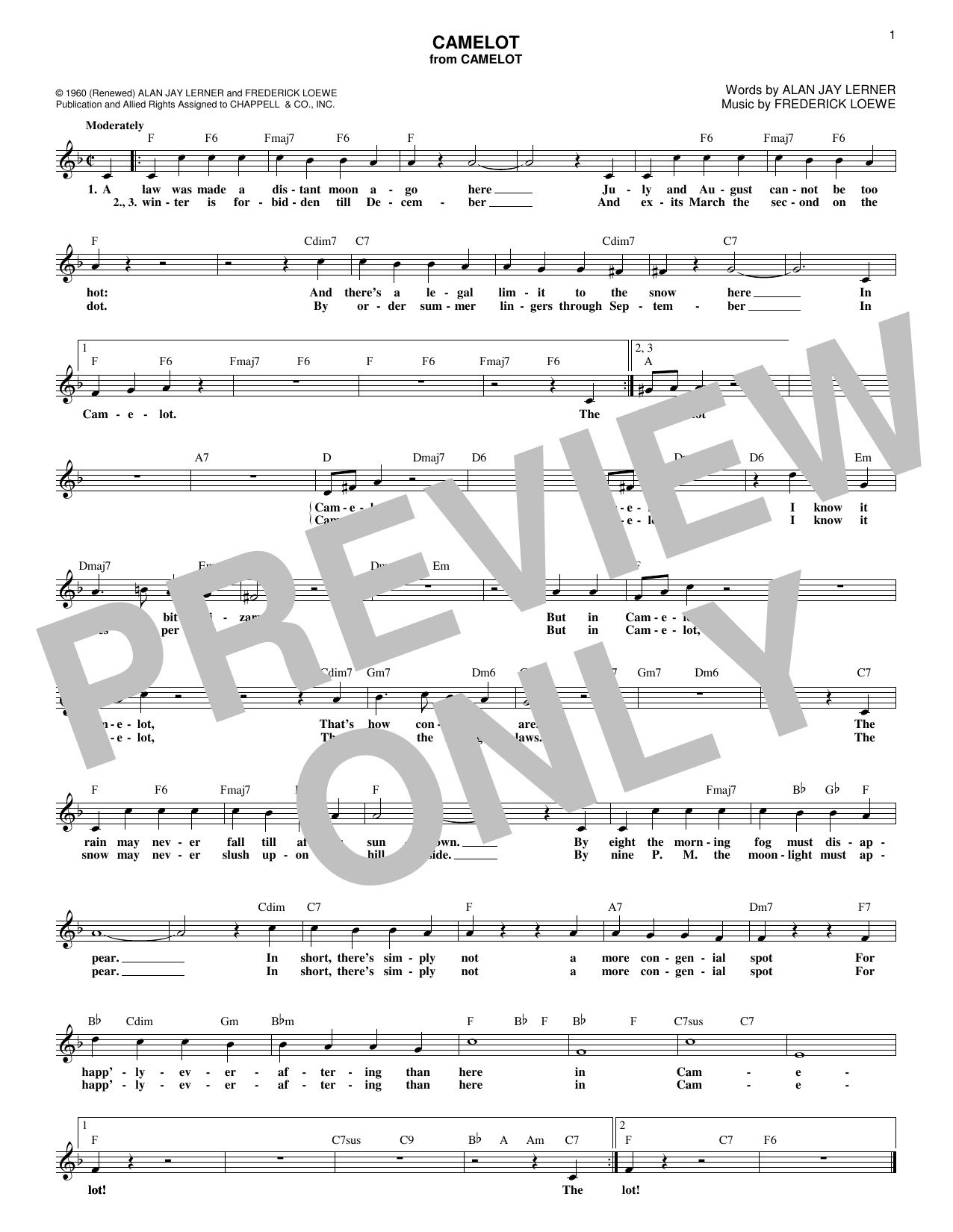 Download Alan Jay Lerner Camelot Sheet Music and learn how to play Melody Line, Lyrics & Chords PDF digital score in minutes