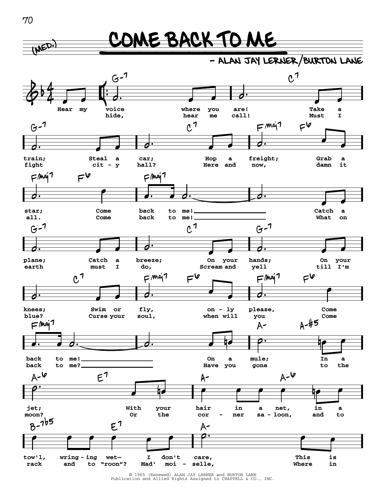 Download Alan Jay Lerner Come Back To Me (High Voice) Sheet Music and learn how to play Real Book – Melody, Lyrics & Chords PDF digital score in minutes