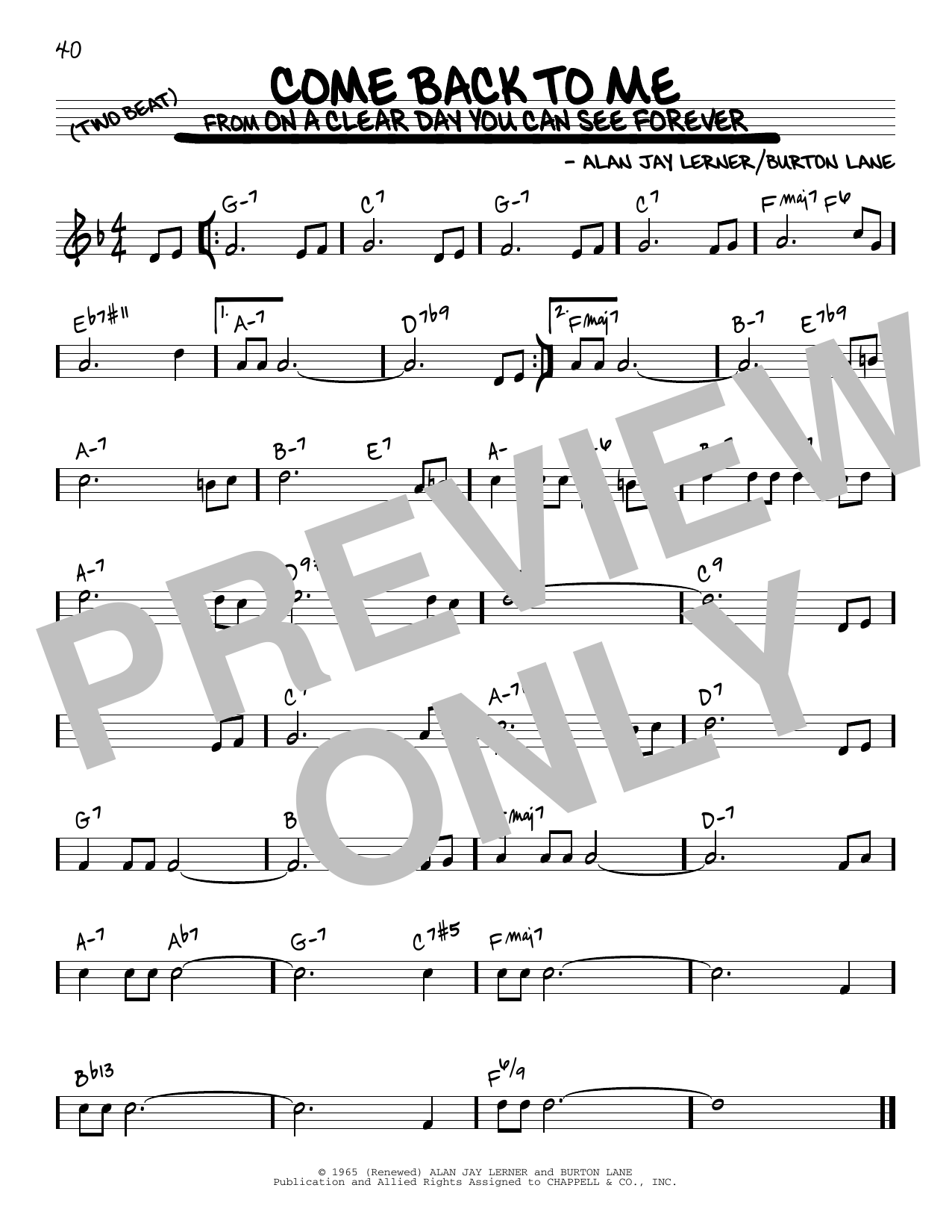 Download Alan Jay Lerner Come Back To Me Sheet Music and learn how to play Real Book – Melody & Chords PDF digital score in minutes