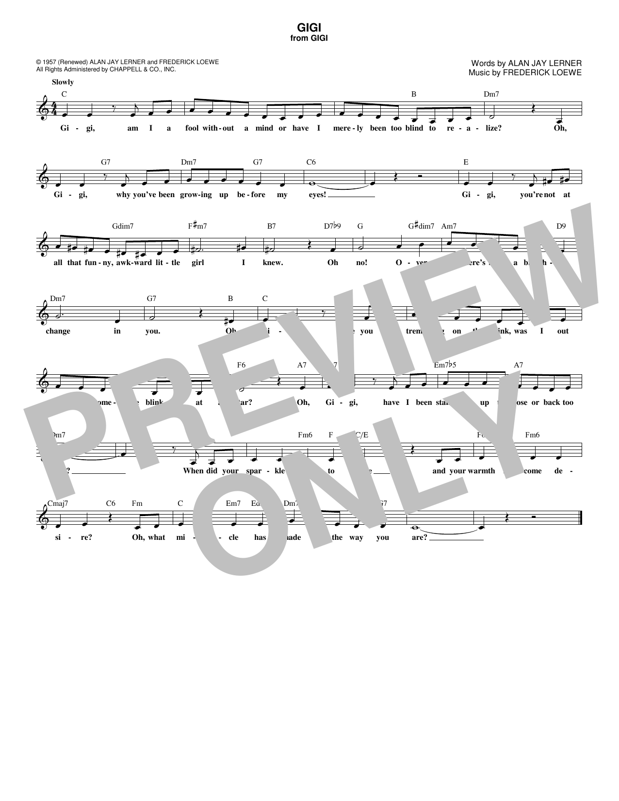 Download Alan Jay Lerner Gigi Sheet Music and learn how to play Melody Line, Lyrics & Chords PDF digital score in minutes