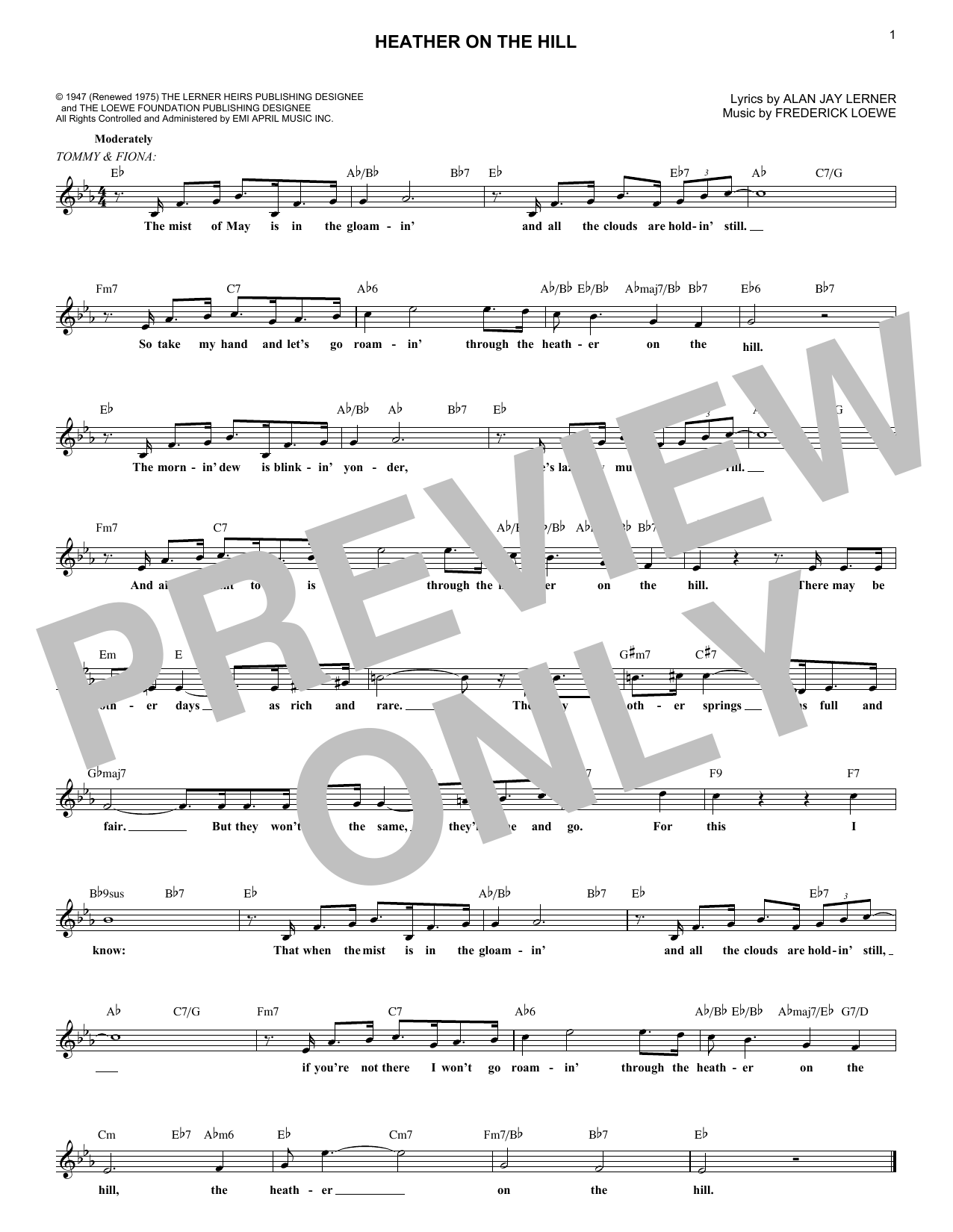 Download Alan Jay Lerner Heather On The Hill Sheet Music and learn how to play Melody Line, Lyrics & Chords PDF digital score in minutes