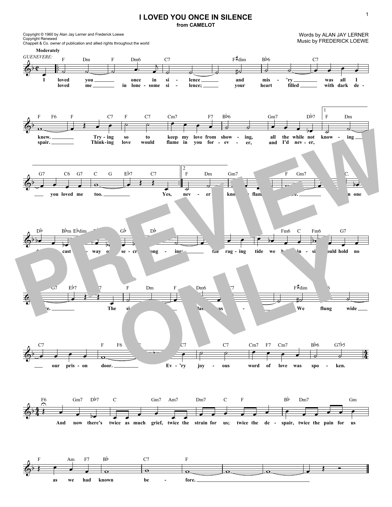 Download Alan Jay Lerner I Loved You Once In Silence Sheet Music and learn how to play Melody Line, Lyrics & Chords PDF digital score in minutes