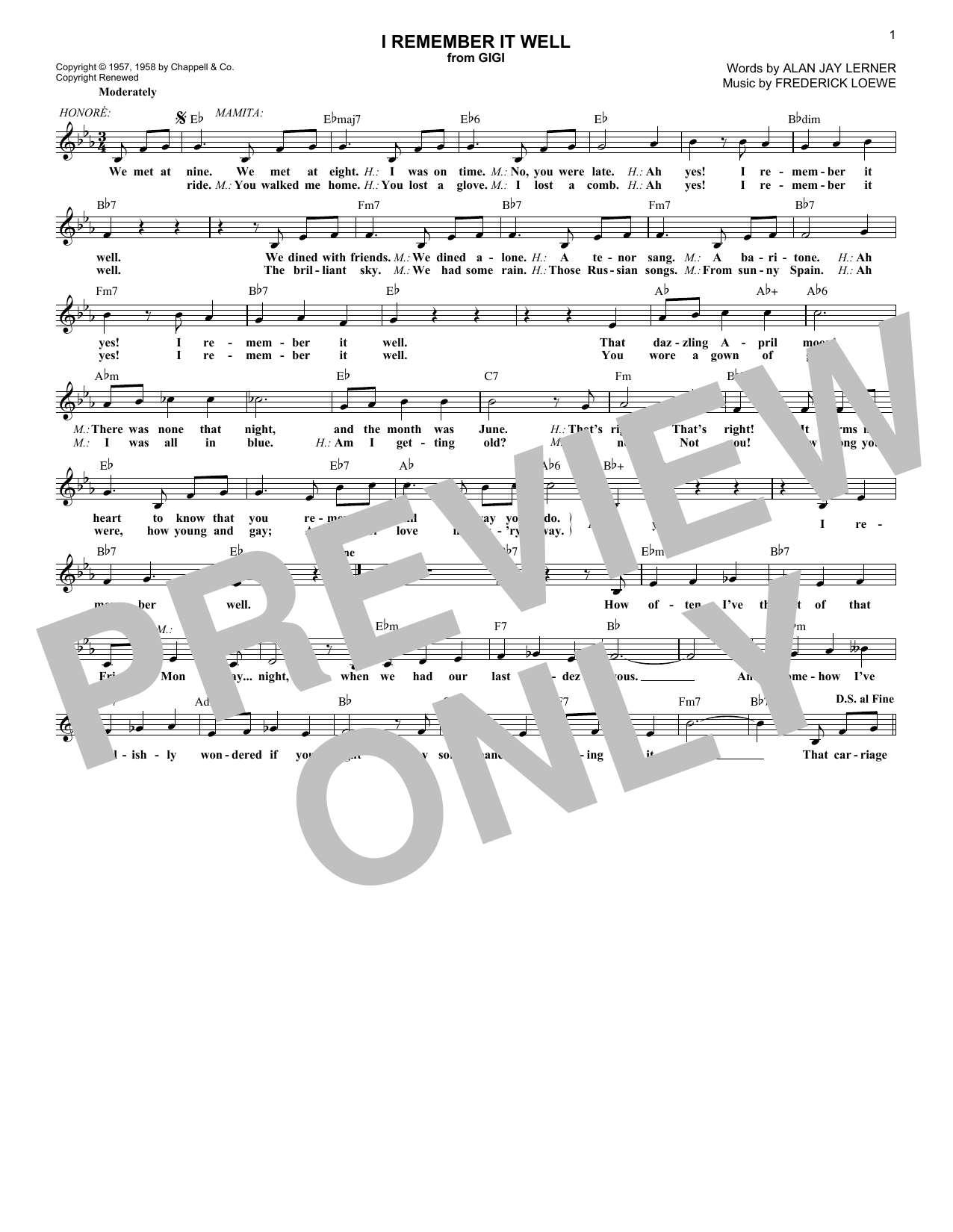Download Alan Jay Lerner I Remember It Well Sheet Music and learn how to play Melody Line, Lyrics & Chords PDF digital score in minutes