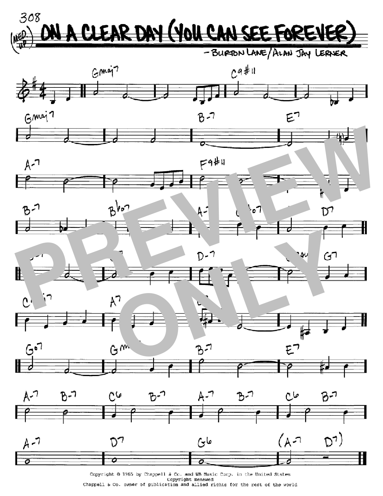 Download Alan Jay Lerner On A Clear Day (You Can See Forever) Sheet Music and learn how to play Lead Sheet / Fake Book PDF digital score in minutes