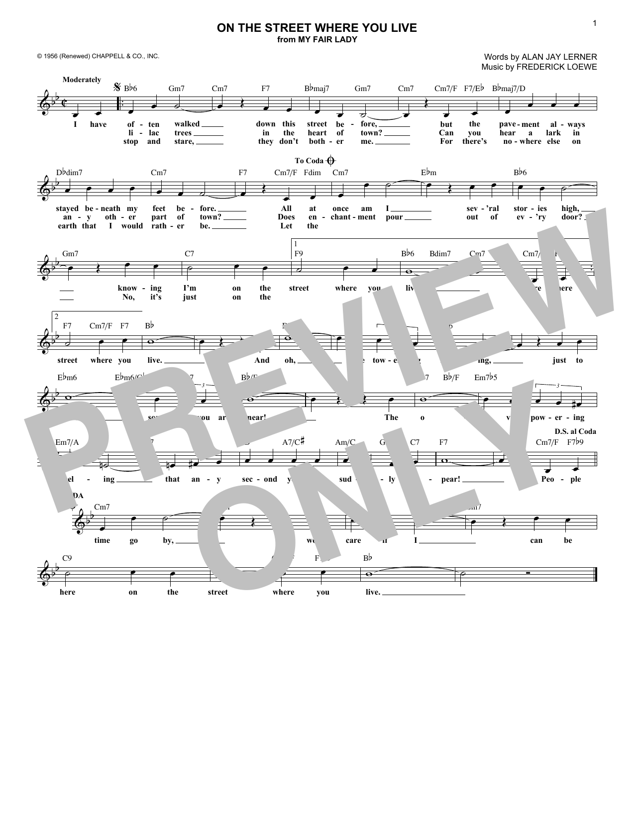 Download Alan Jay Lerner On The Street Where You Live Sheet Music and learn how to play Melody Line, Lyrics & Chords PDF digital score in minutes