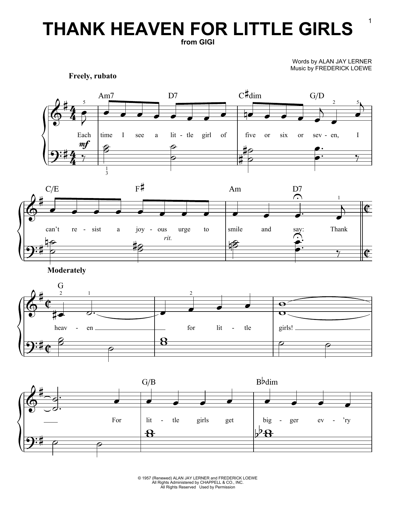 Download Lerner & Loewe Thank Heaven For Little Girls Sheet Music and learn how to play Easy Piano PDF digital score in minutes