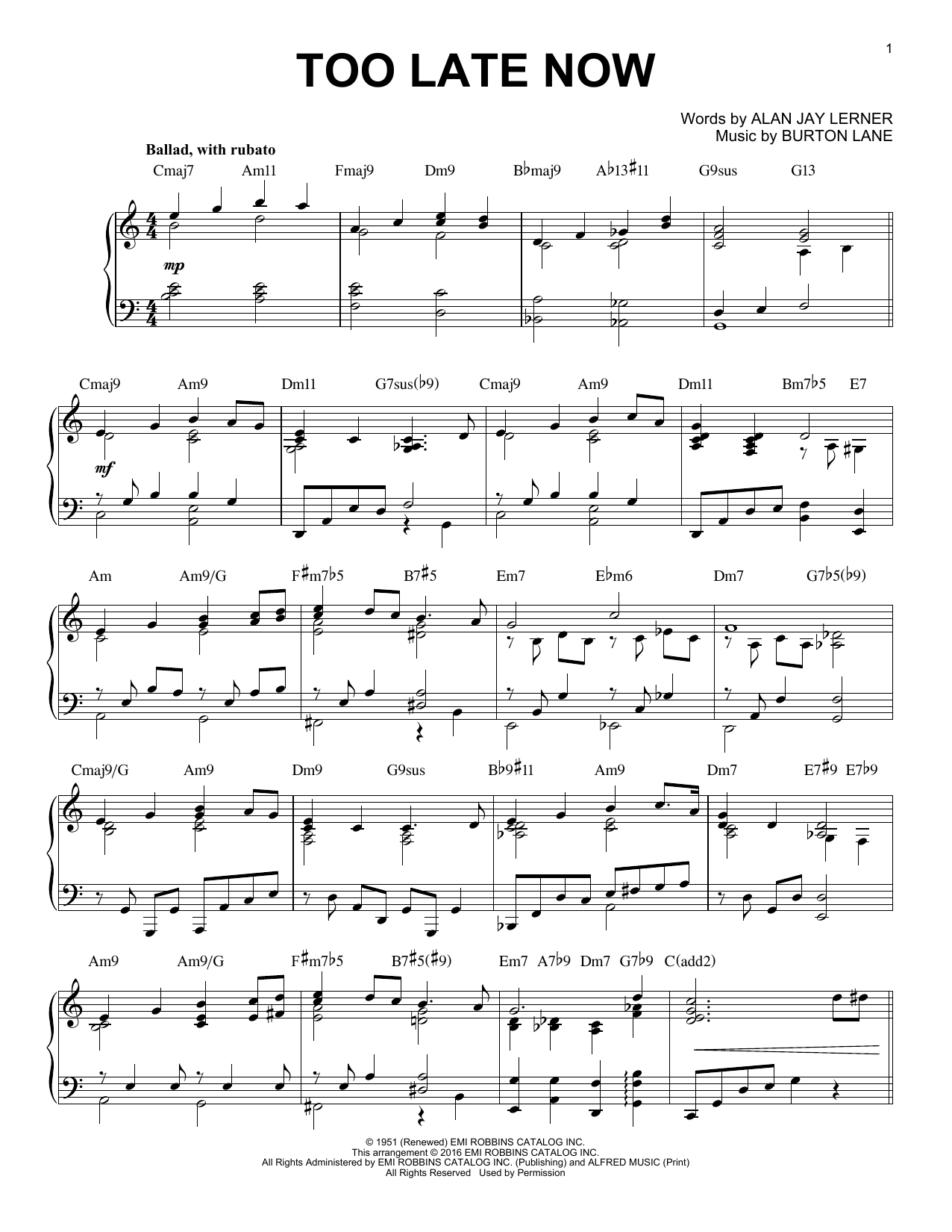 Download Alan Jay Lerner Too Late Now Sheet Music and learn how to play Piano PDF digital score in minutes