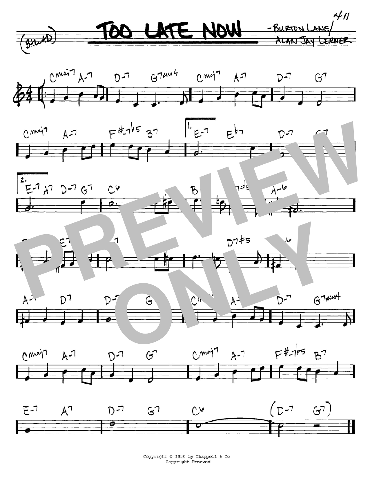 Download Alan Jay Lerner Too Late Now Sheet Music and learn how to play Real Book - Melody, Lyrics & Chords - C Instruments PDF digital score in minutes