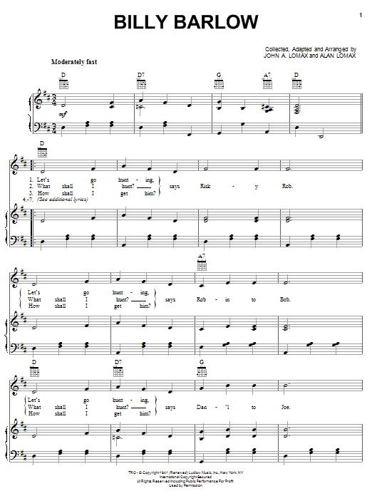 Download Alan Lomax Billy Barlow Sheet Music and learn how to play Piano, Vocal & Guitar (Right-Hand Melody) PDF digital score in minutes