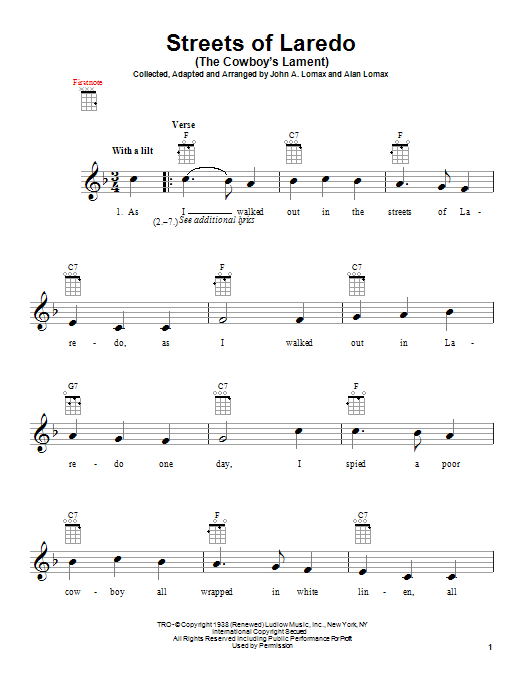 Download Alan Lomax Streets Of Laredo (The Cowboy's Lament) Sheet Music and learn how to play Ukulele PDF digital score in minutes