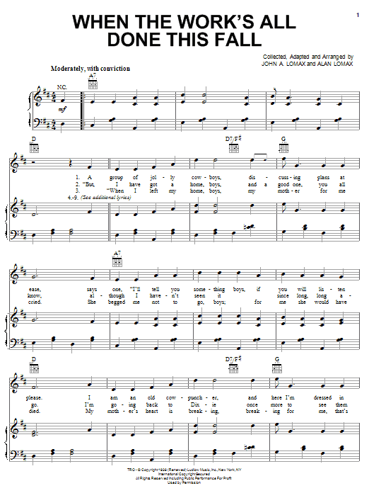 Download Alan Lomax When The Work's All Done This Fall Sheet Music and learn how to play Piano, Vocal & Guitar (Right-Hand Melody) PDF digital score in minutes