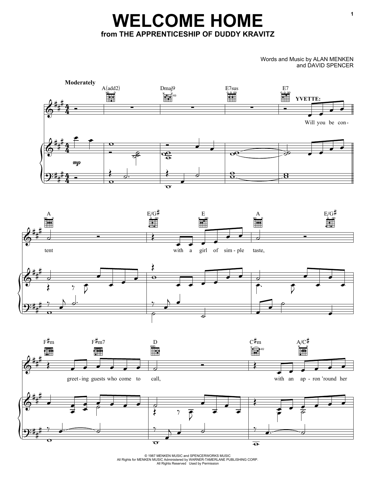 Download Alan Menken & David Spencer Welcome Home (from The Apprenticeship of Duddy Kravitz) Sheet Music and learn how to play Piano, Vocal & Guitar Chords (Right-Hand Melody) PDF digital score in minutes