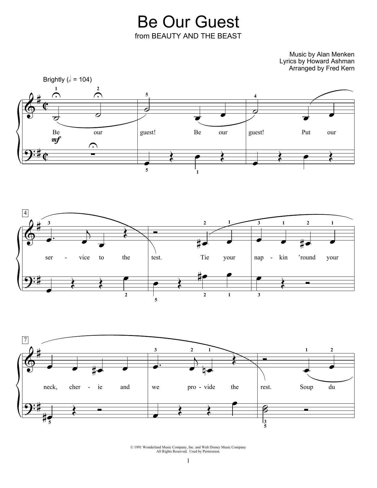 Download Alan Menken Be Our Guest (from Beauty and The Beast) (arr. Fred Kern) Sheet Music and learn how to play Educational Piano PDF digital score in minutes