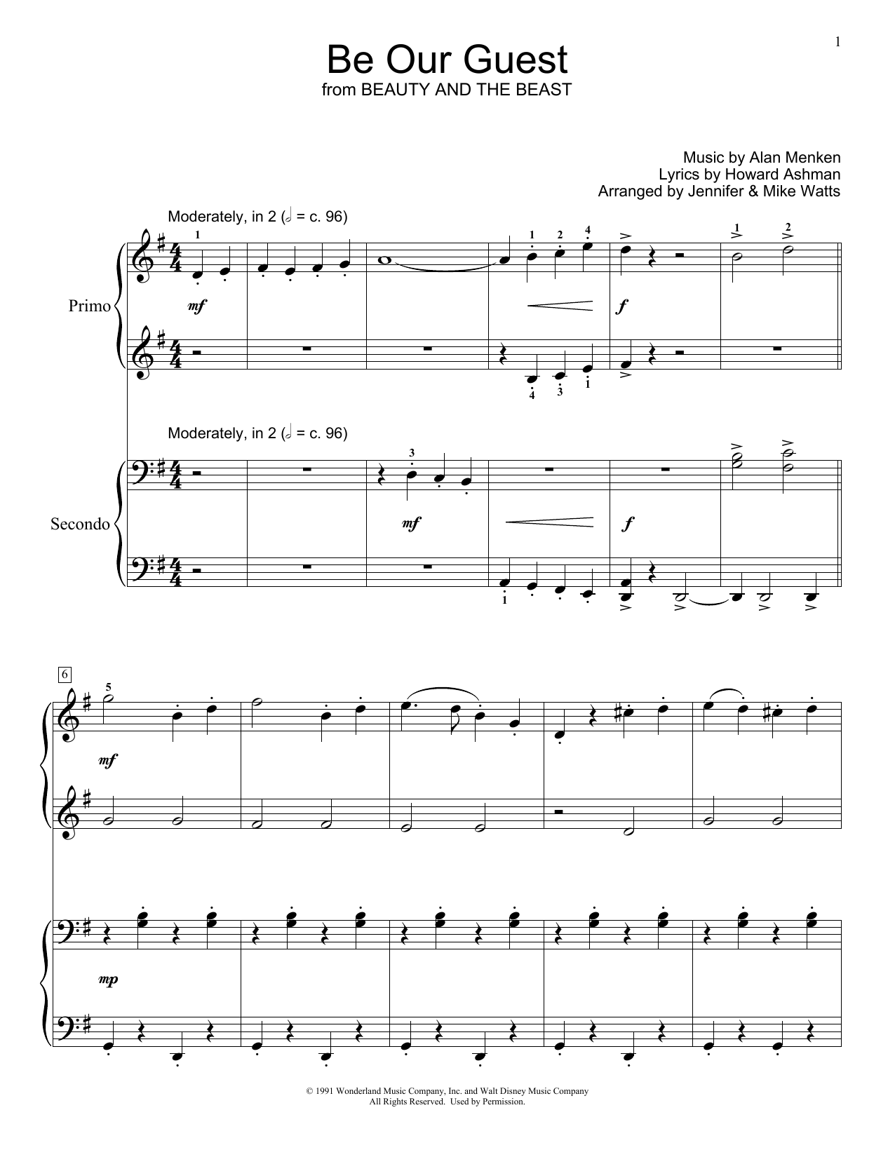 Download Alan Menken & Howard Ashman Be Our Guest (from Beauty and The Beast) (arr. Jennifer & Mike Watts) Sheet Music and learn how to play Piano Duet PDF digital score in minutes