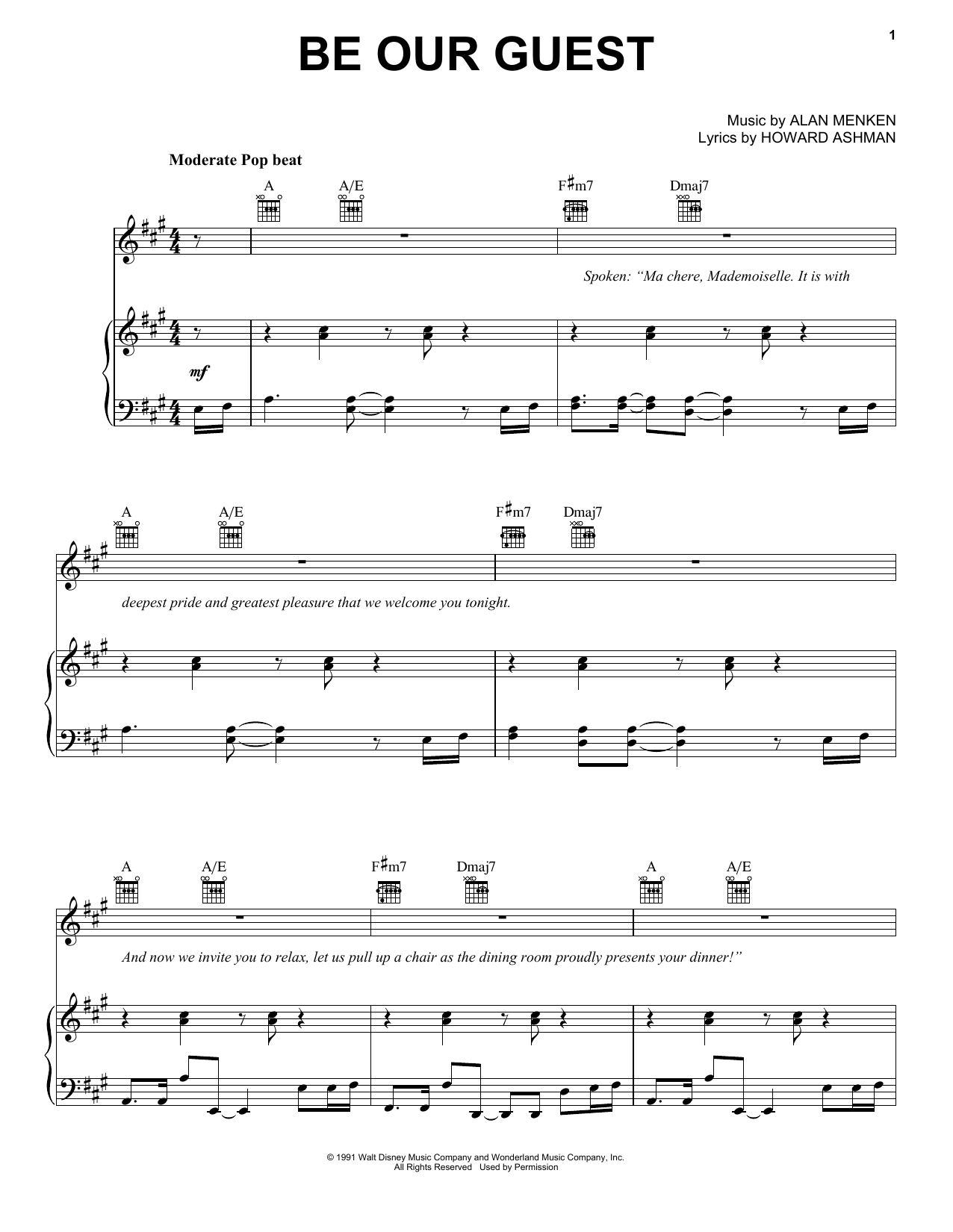 Download Alan Menken Be Our Guest Sheet Music and learn how to play Piano, Vocal & Guitar (Right-Hand Melody) PDF digital score in minutes