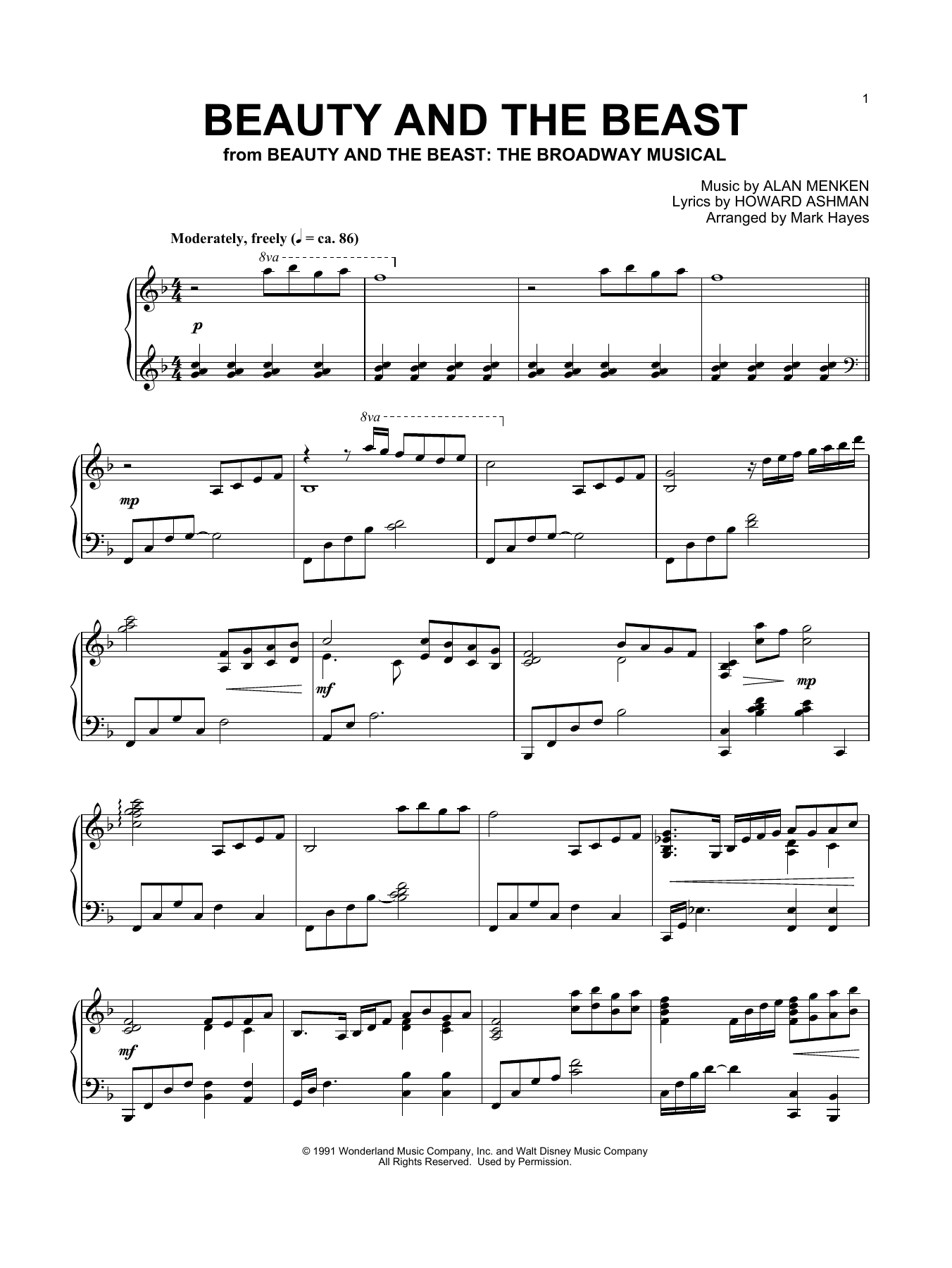 Download Alan Menken Beauty And The Beast (arr. Mark Hayes) Sheet Music and learn how to play Piano Solo PDF digital score in minutes
