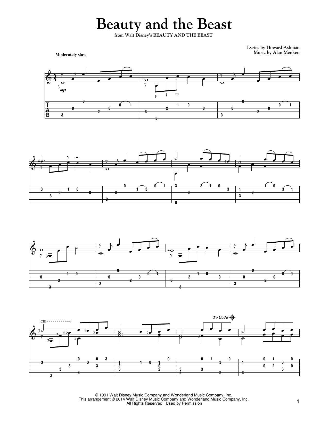 Download Alan Menken Beauty And The Beast Sheet Music and learn how to play Guitar Tab PDF digital score in minutes