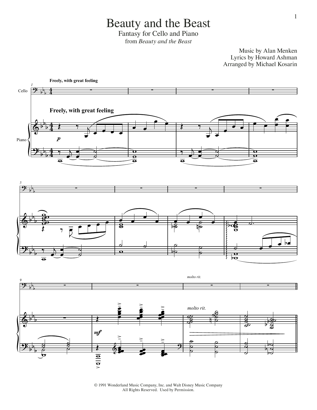 Download Alan Menken Beauty And The Beast (arr. Michael Kosarin) Sheet Music and learn how to play Cello and Piano PDF digital score in minutes