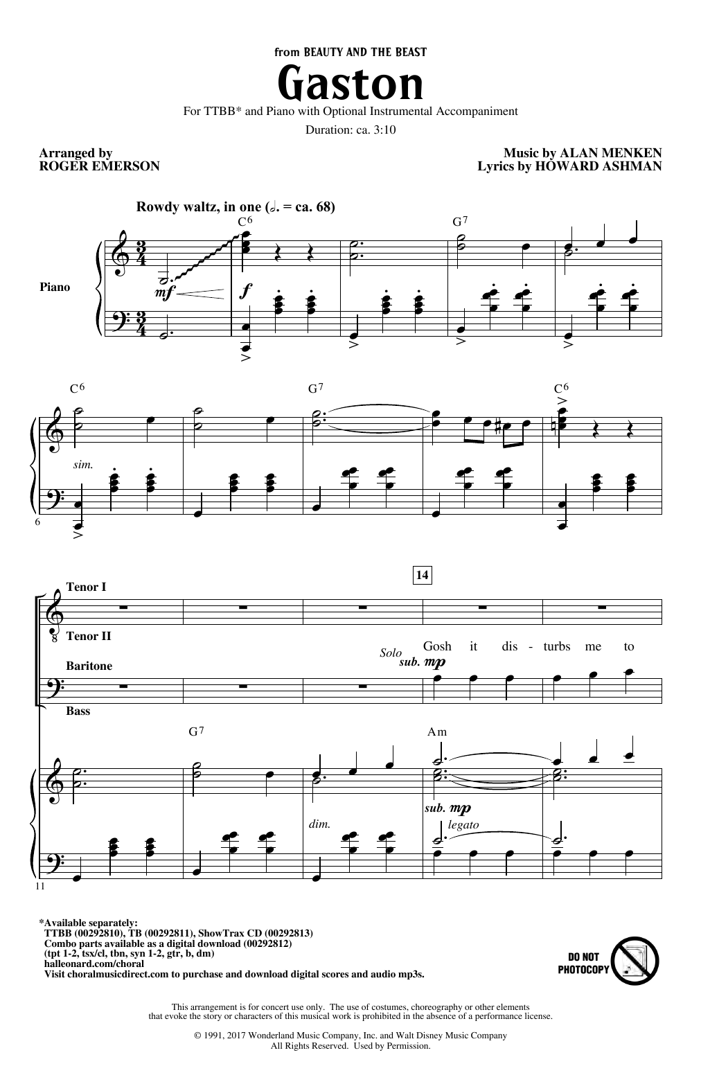 Download Alan Menken Gaston (from Beauty and The Beast) (arr. Roger Emerson) Sheet Music and learn how to play TTBB Choir PDF digital score in minutes