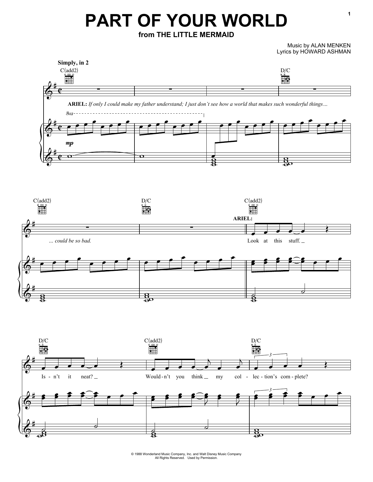 Download Alan Menken Part Of Your World Sheet Music and learn how to play Piano, Vocal & Guitar (Right-Hand Melody) PDF digital score in minutes