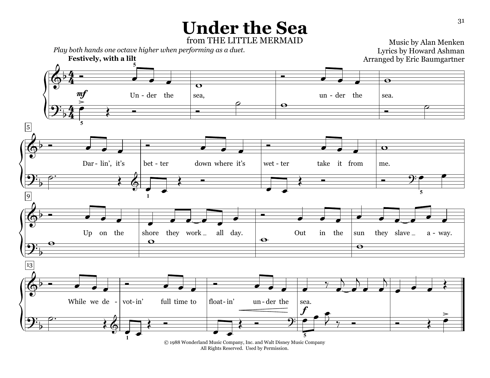 Download Alan Menken & Howard Ashman Under The Sea (from The Little Mermaid) (arr. Eric Baumgartner) Sheet Music and learn how to play Piano Duet PDF digital score in minutes