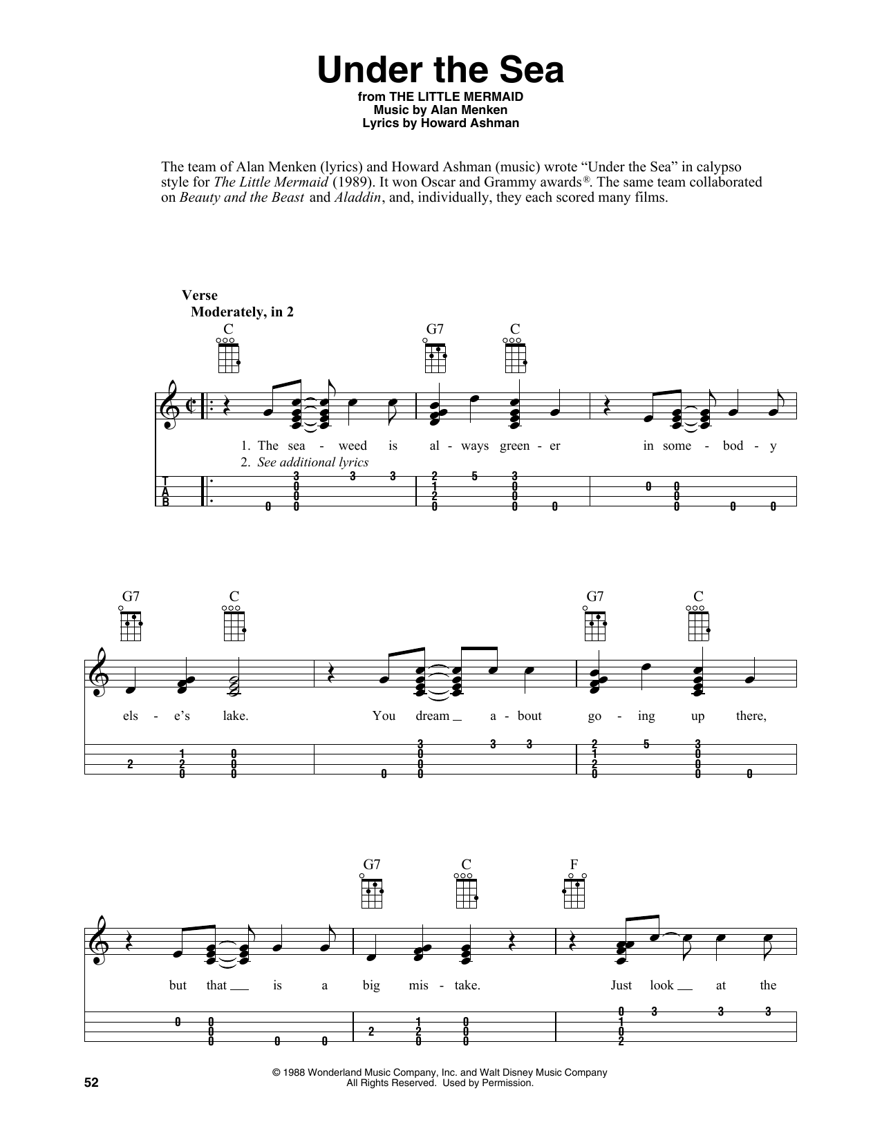 Download Alan Menken & Howard Ashman Under The Sea (from The Little Mermaid) (arr. Fred Sokolow) Sheet Music and learn how to play Easy Ukulele Tab PDF digital score in minutes