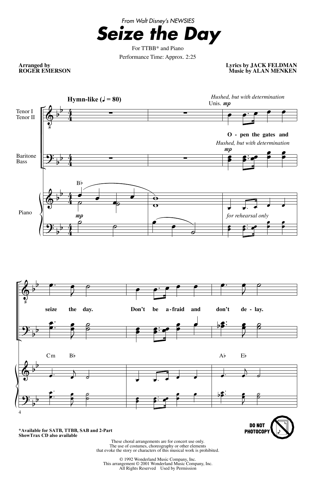 Download Alan Menken Seize The Day (from Newsies) (arr. Roger Emerson) Sheet Music and learn how to play TTBB Choir PDF digital score in minutes
