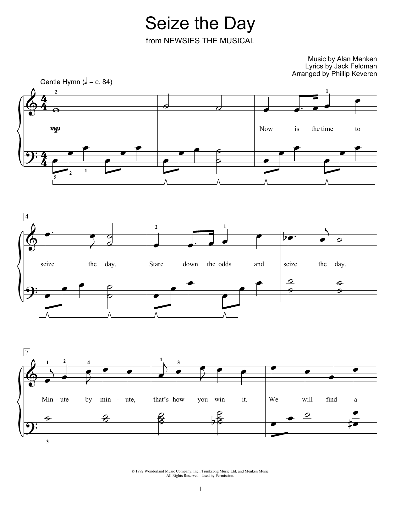 Download Alan Menken Seize The Day (from Newsies The Musical) (arr. Phillip Keveren) Sheet Music and learn how to play Educational Piano PDF digital score in minutes