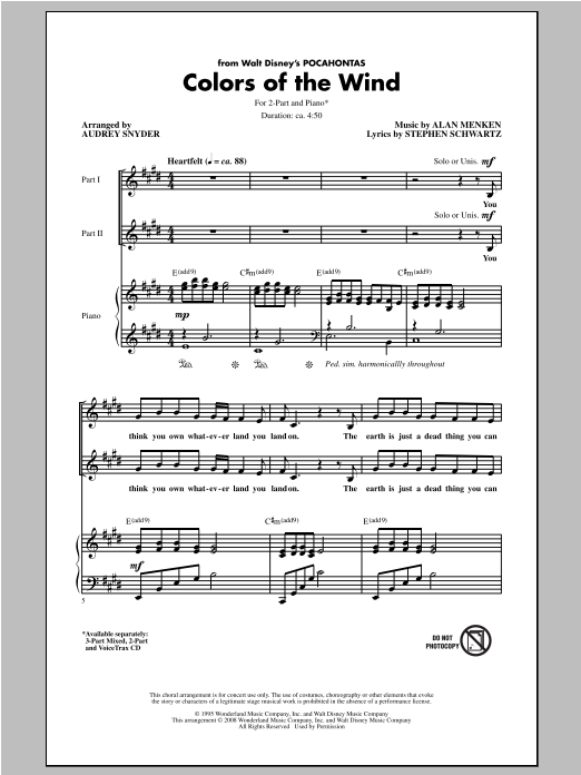 Download Alan Menken Colors Of The Wind (arr. Audrey Snyder) Sheet Music and learn how to play 3-Part Mixed PDF digital score in minutes