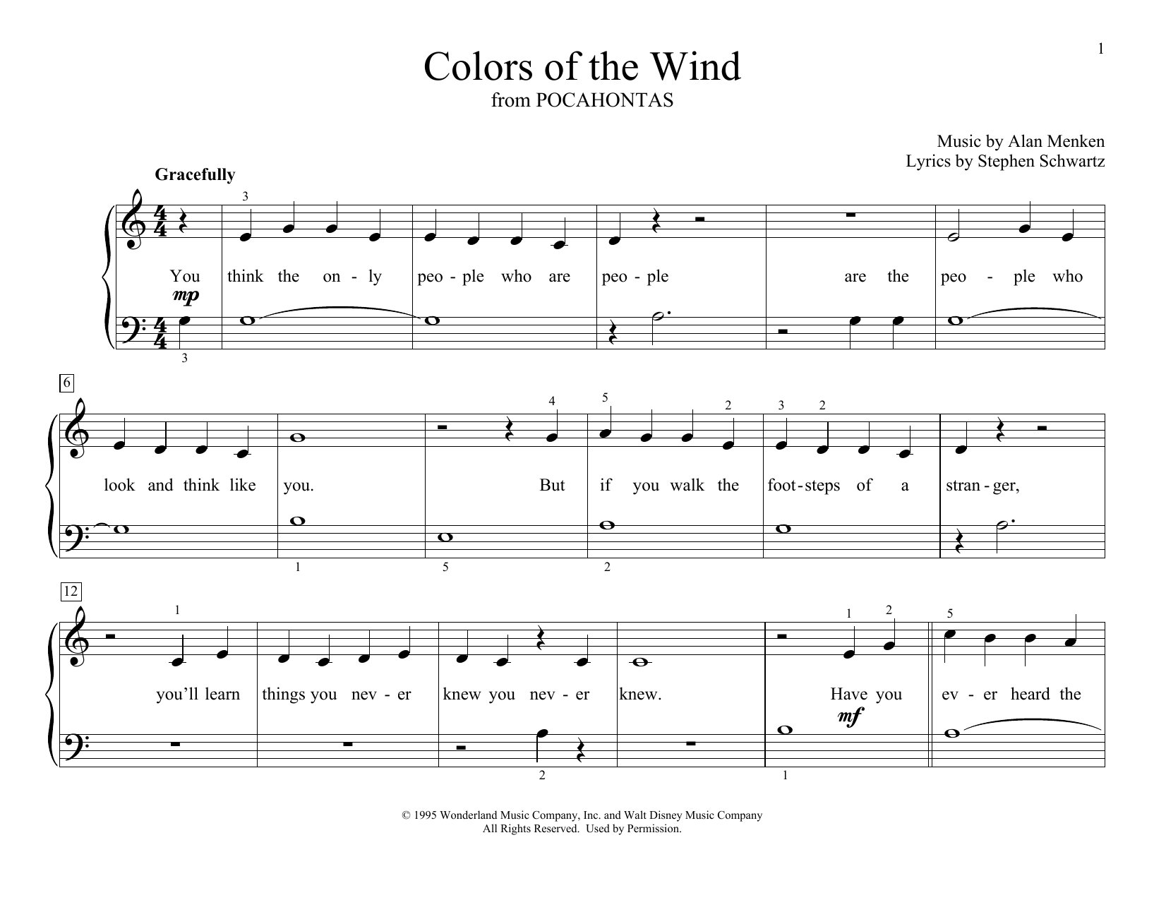 Download Alan Menken Colors Of The Wind (from Pocahontas) (arr. Christopher Hussey) Sheet Music and learn how to play Educational Piano PDF digital score in minutes