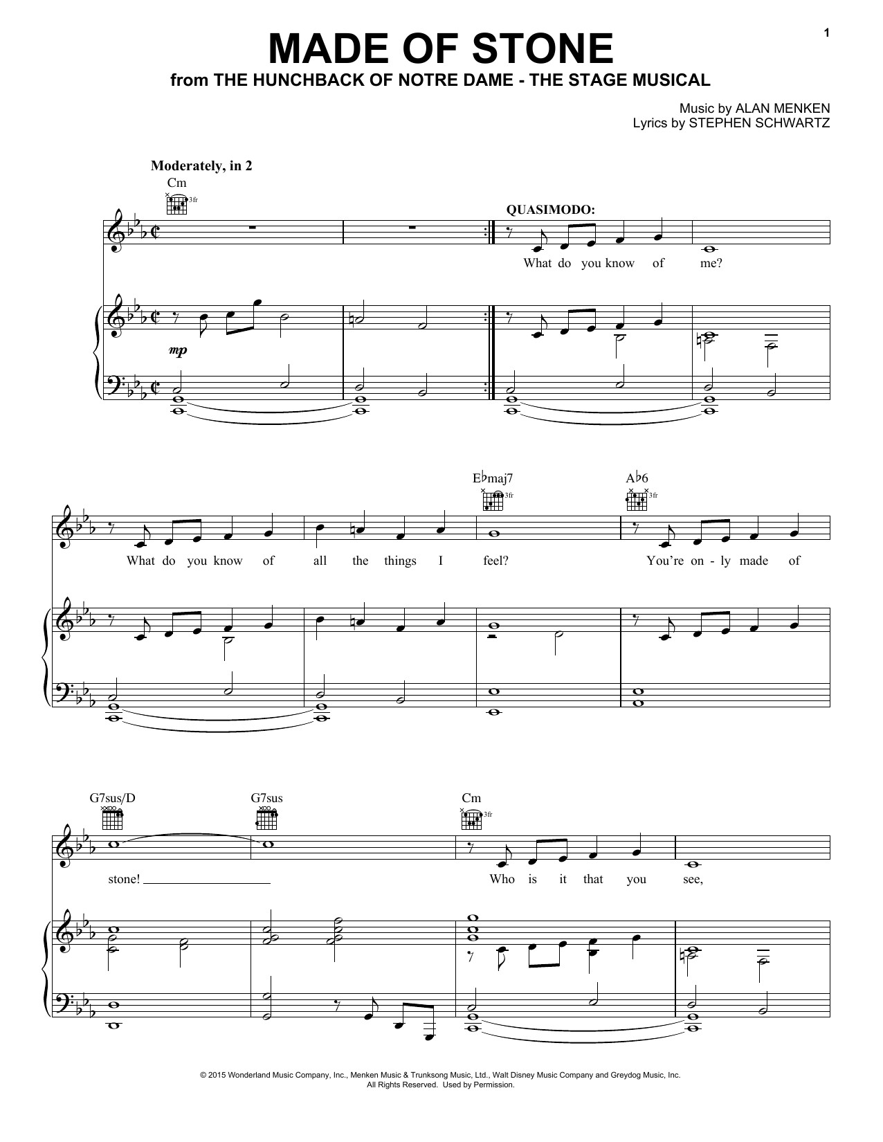 Download Alan Menken & Stephen Schwartz Made Of Stone (from the musical The Hunchback of Notre Dame) Sheet Music and learn how to play Piano, Vocal & Guitar Chords (Right-Hand Melody) PDF digital score in minutes