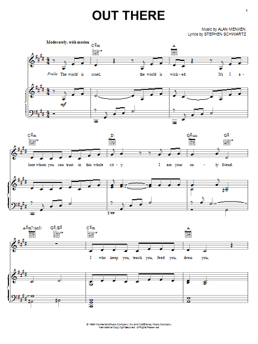 Download Alan Menken Out There Sheet Music and learn how to play Piano, Vocal & Guitar (Right-Hand Melody) PDF digital score in minutes