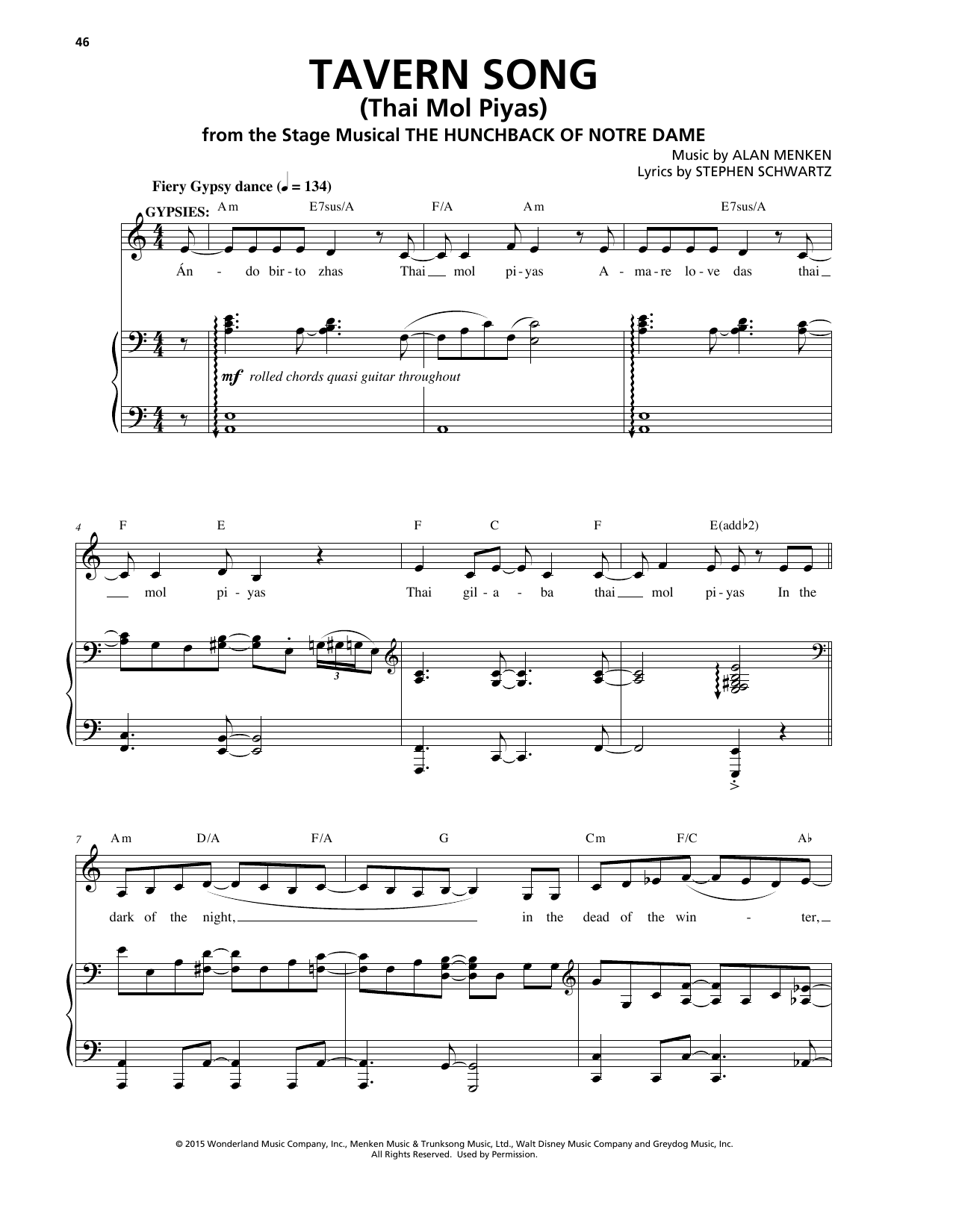 Download Alan Menken Tavern Song (Thai Mol Piyas) Sheet Music and learn how to play Piano & Vocal PDF digital score in minutes